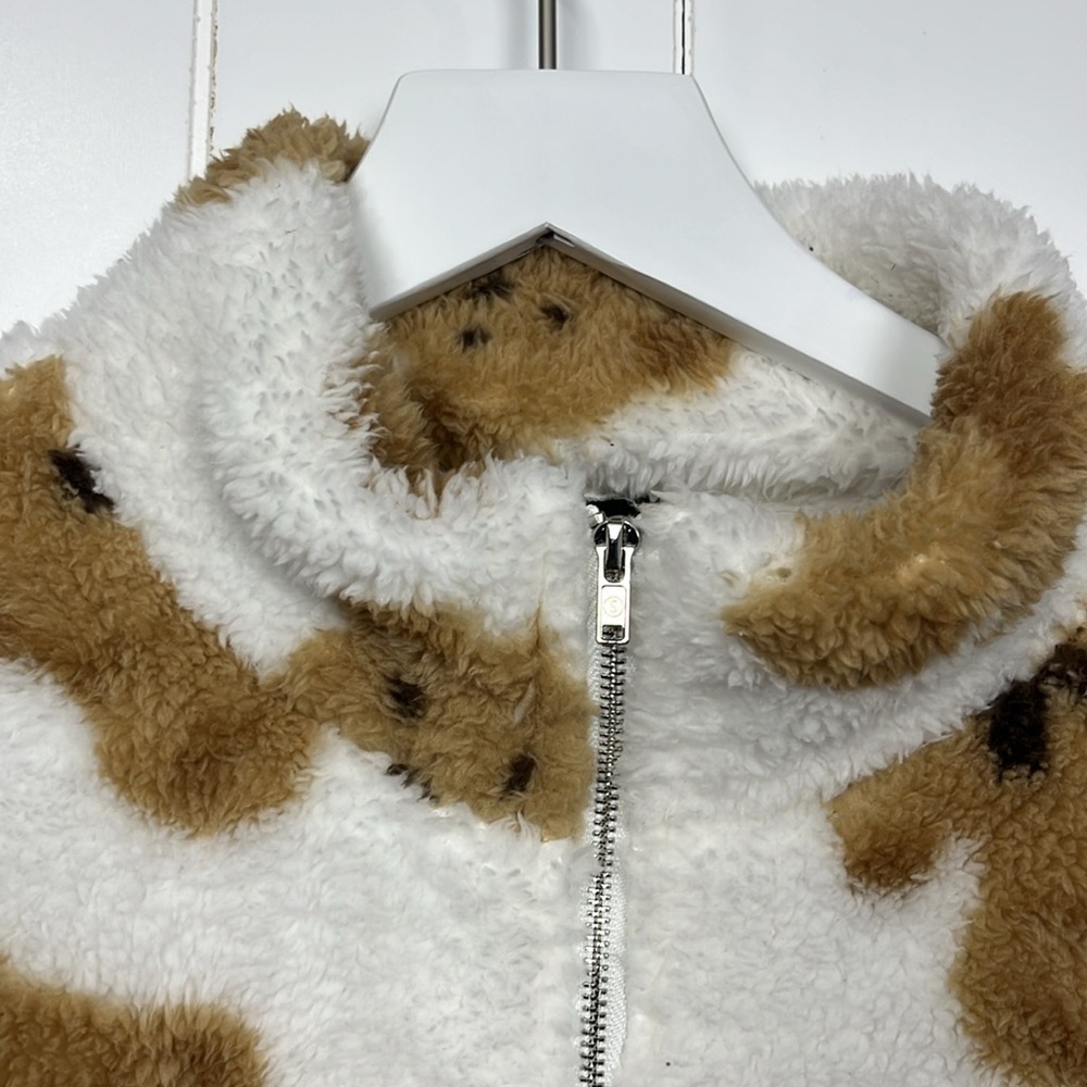 SHEIN Womens Vest Brown/White L Teddy Bear Pattern Full Front Zip Pockets Fleece - Picture 3 of 13